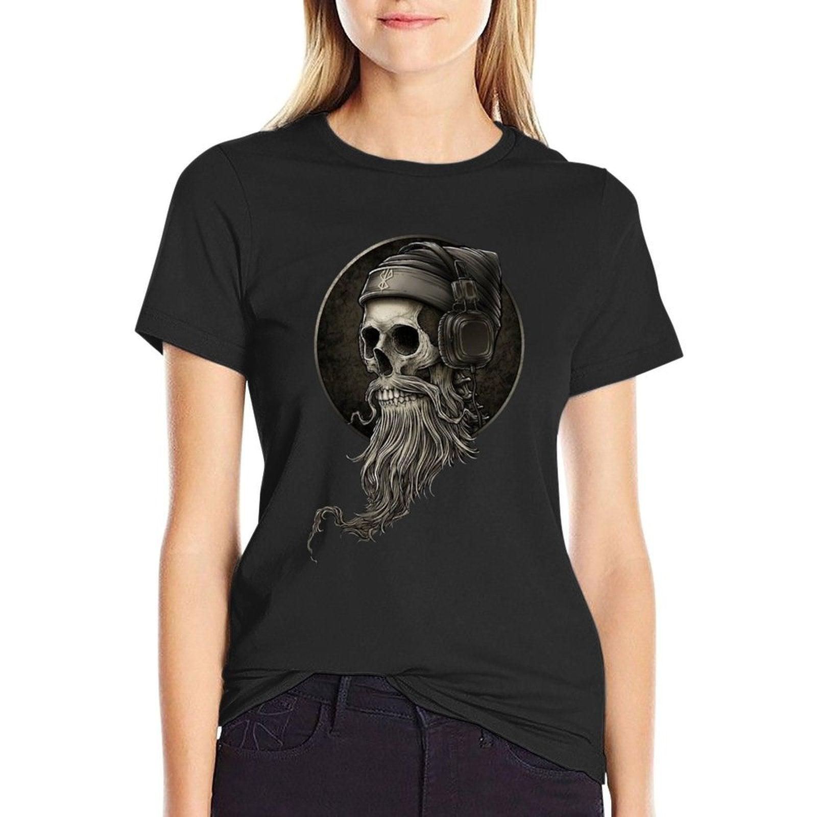 Viking Vintage Skull Beard with Headphone  Trendy Pattern T-Shirt