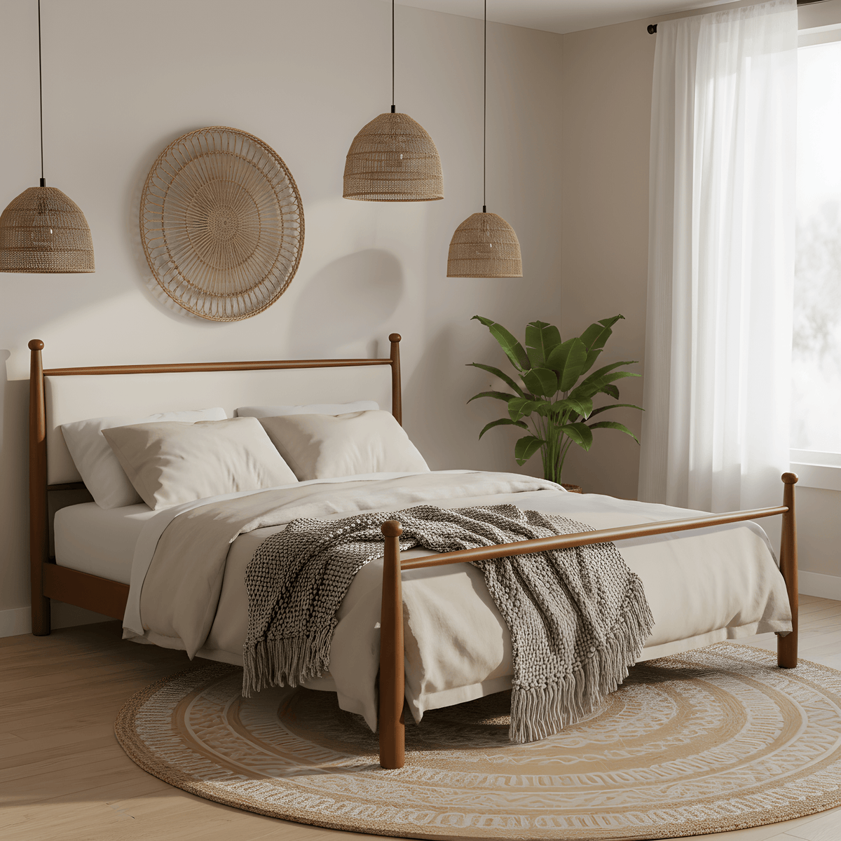 King Size Solid Poplar & Plywood Bed Frame with Upholstered Headboard