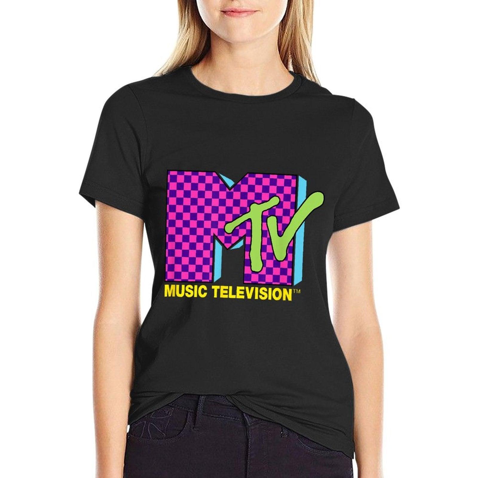 MTV Music Television Retro 80's Neon Pink Checkerboard Logo  Breathable T-Shirt