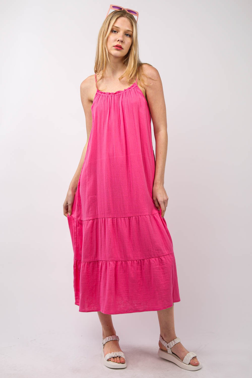 Ruffled A-Line Midi Cami Dress – Stylish Ruffled Midi Dress, A-Line Cami Dress, Comfy Cotton Dress, Feminine Summer Dress, Tiered Layered Dress, Breezy Ruffled Dress, Elegant Spring Dress