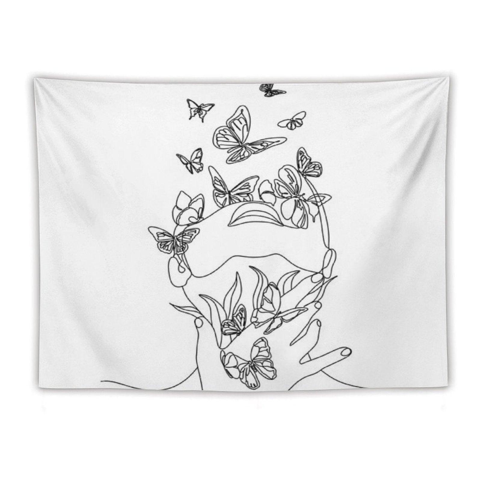 Abstract Face with Butterfly by One Line Drawing. Portrait Minimalistic Style.  Botanical Print. Nature Symbol of Cosmetics. Mod Tapestry