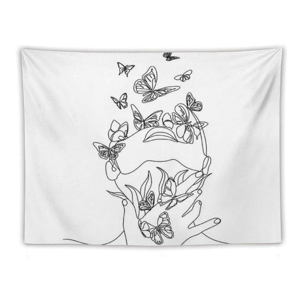 Abstract Face with Butterfly by One Line Drawing. Portrait Minimalistic Style.  Botanical Print. Nature Symbol of Cosmetics. Mod Tapestry