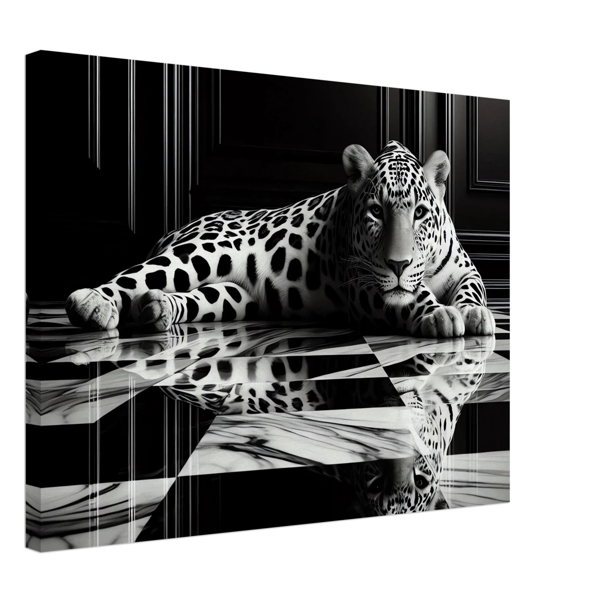Leopard Canvas Art Print – Striking Design on Black & White Checkered Marble Floor