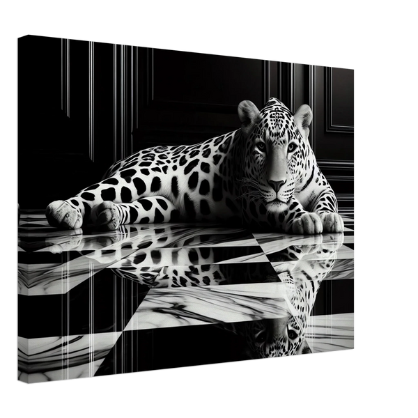 Leopard Canvas Art Print – Striking Design on Black & White Checkered Marble Floor