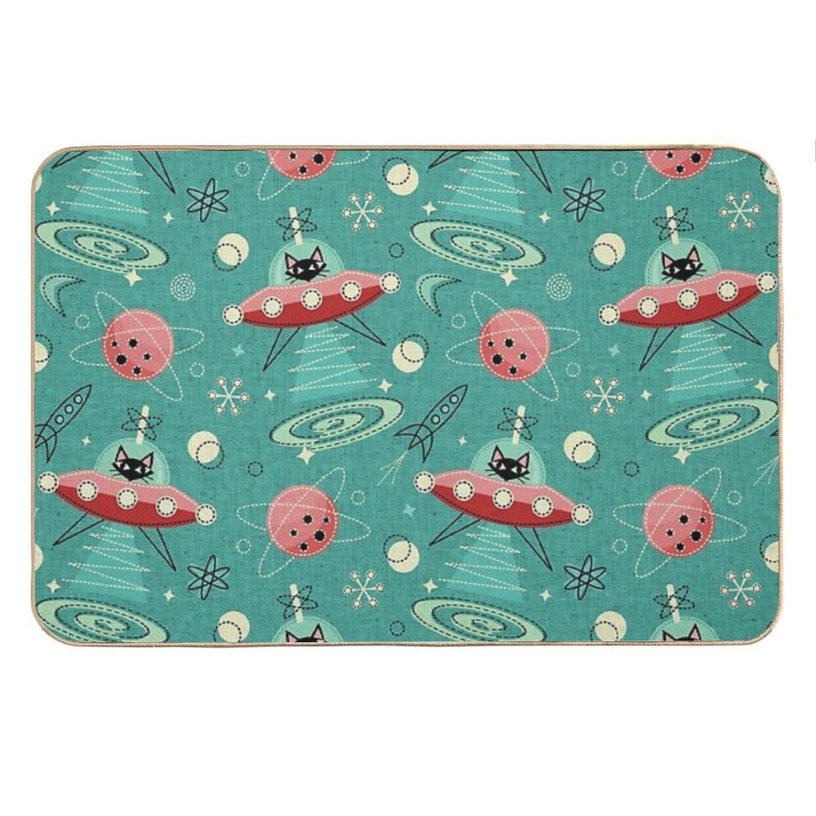 My Kitty Drives A UFO  Atomic Space Cat ©studioxtine Bath Mat