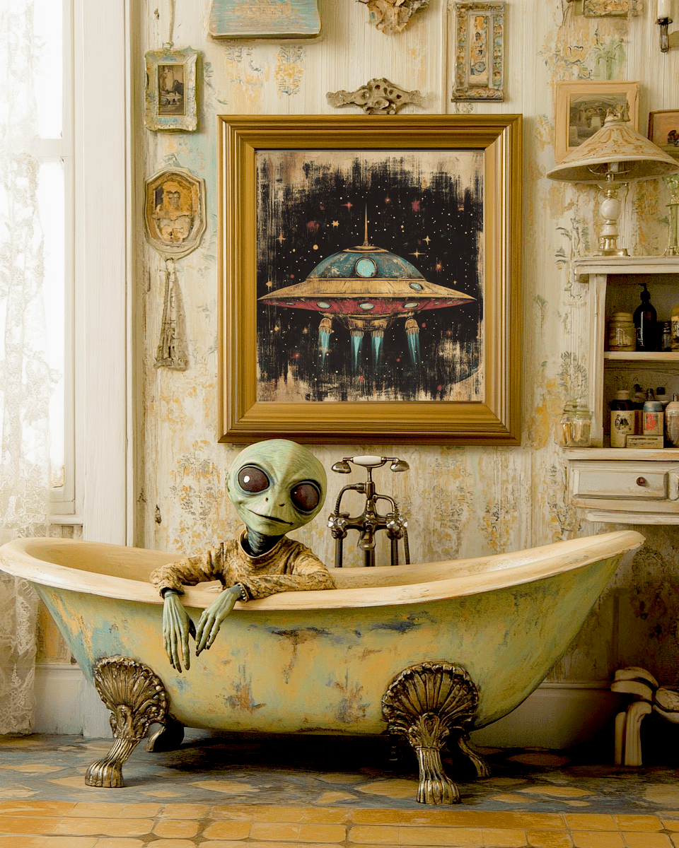 Space Wall Art – Alien Art Print in Bathtub | Cosmic Sci Fi Wall Decor 8x10