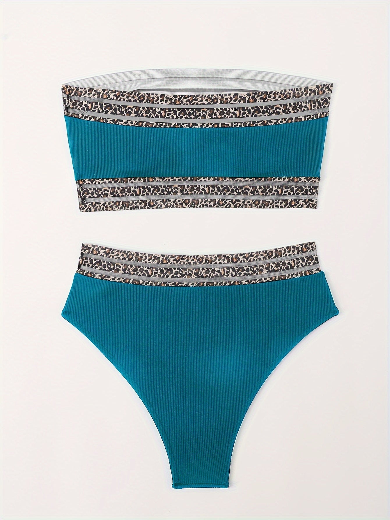 Bikini Leopard Print High Waist Bandeau 2 Piece Swimsuit for Women – Super Stretchy Bikini Set with Seductive Mesh Detail and Flattering Fit – Chic Animal Print Swimwear for Beachwear Poolside and Summer Vacations