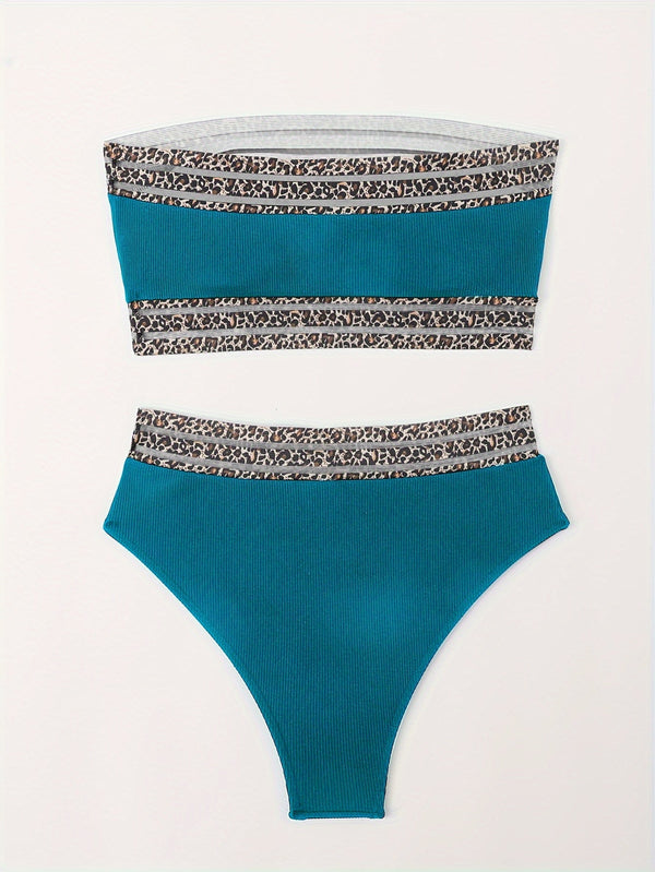 Bikini Leopard Print High Waist Bandeau 2 Piece Swimsuit for Women – Super Stretchy Bikini Set with Seductive Mesh Detail and Flattering Fit – Chic Animal Print Swimwear for Beachwear Poolside and Summer Vacations