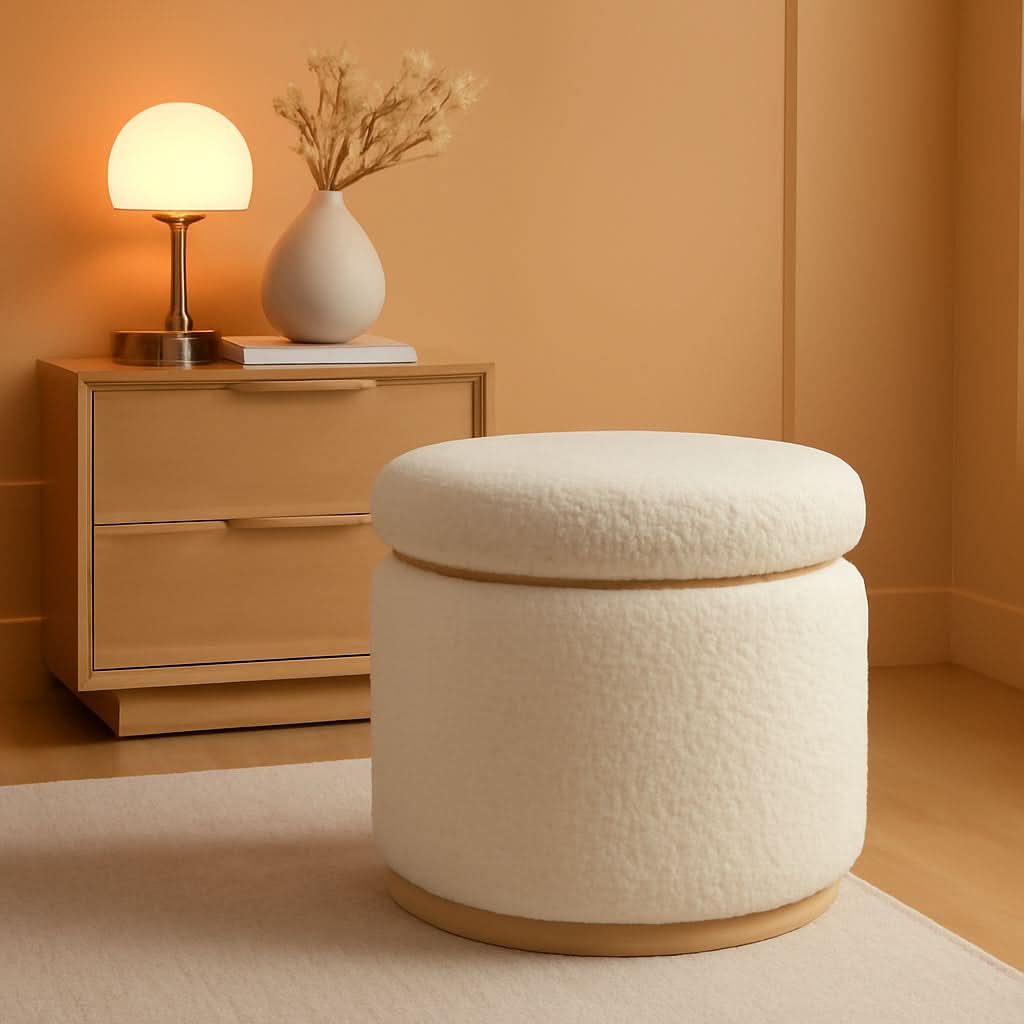 Cream Sherpa Deluxe Storage Ottoman Solidwood Base