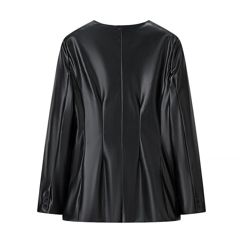 Women's Long-sleeved V-neck Leather Jacket