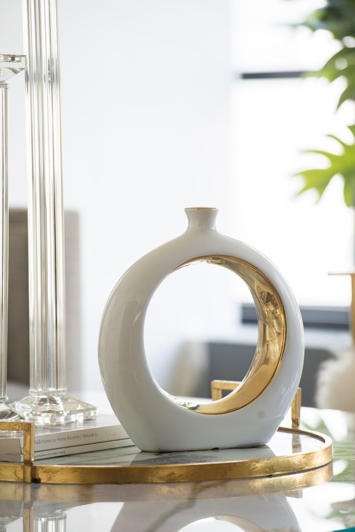 Modern White & Gold Ceramic Ring Vase