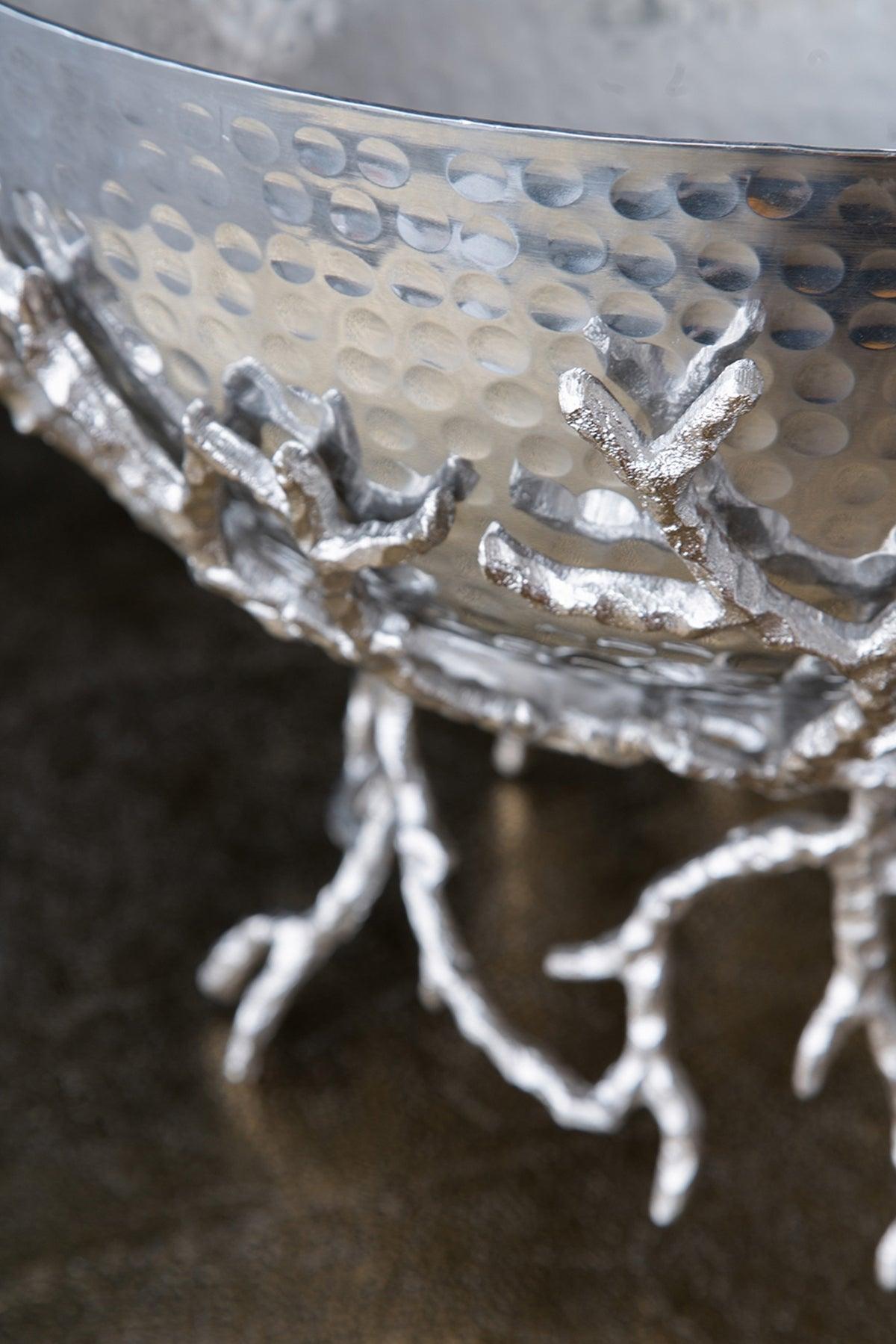 Silver Aluminum Decorative Pedestal Bowl with Sculptural Branch Base – Modern Centerpiece