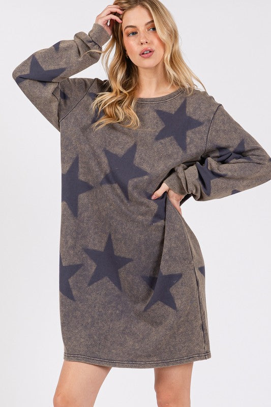 Modern Star Print Round Neck Dress Casual And Trendy Women’s Comfortable Soft Dress