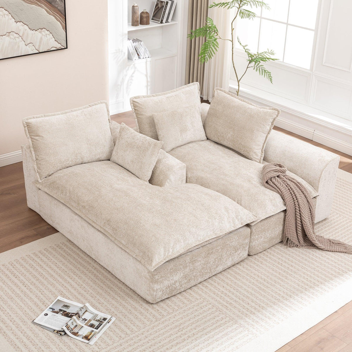Ivory Chenille L‑Shaped Modular Sectional Compressed Sofa