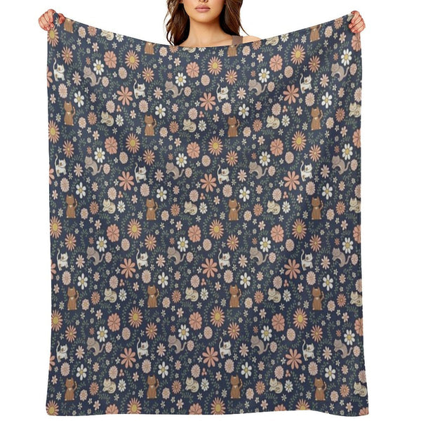 Flower Meower (Navy) Travel-friendly Throw Blanket
