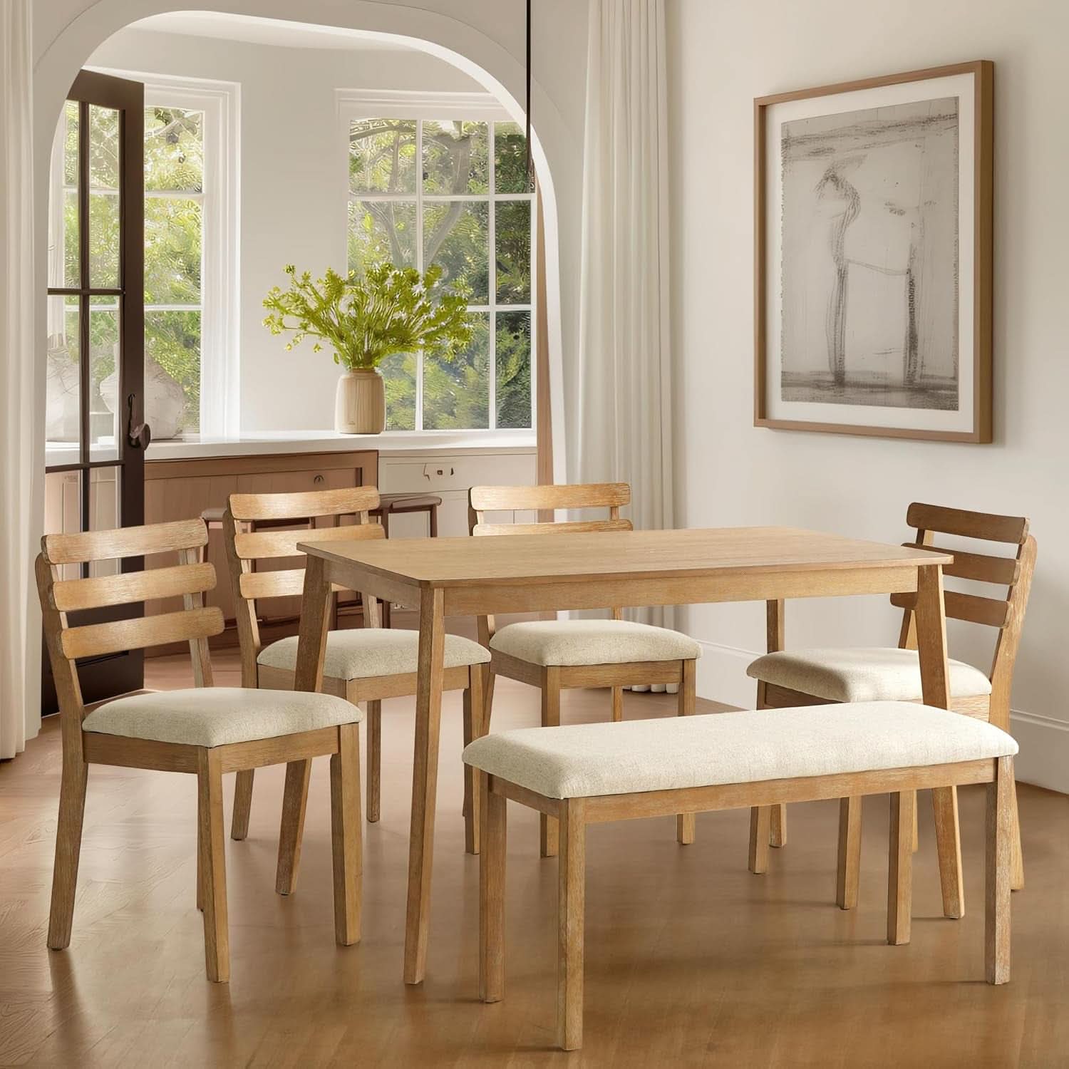 Farmhouse Dining Table Set With Upholstered Chairs