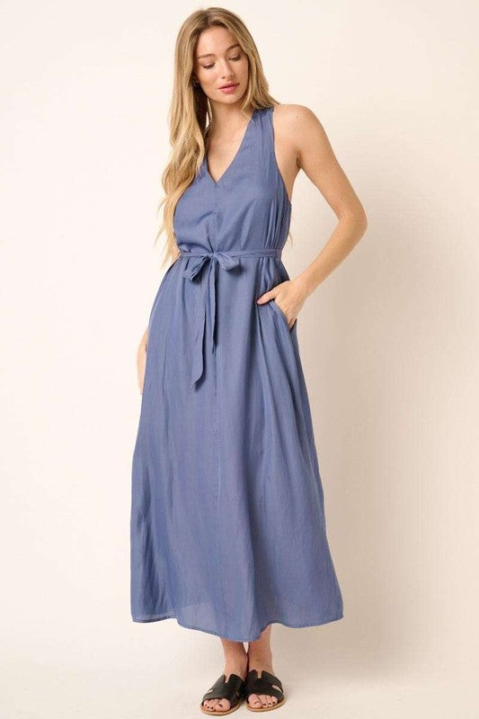 Cross Back Belted V-Neck Tank Maxi Dress For Women – Effortlessly Chic Elegant and Flattering Maxi Dress with Unique Cross Back Detail