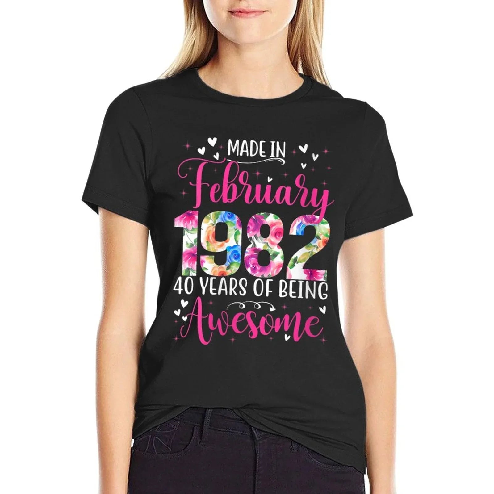 Womens 40th Birthday Floral Gift for Womens Born in February 1982  Cotton T-Shirt
