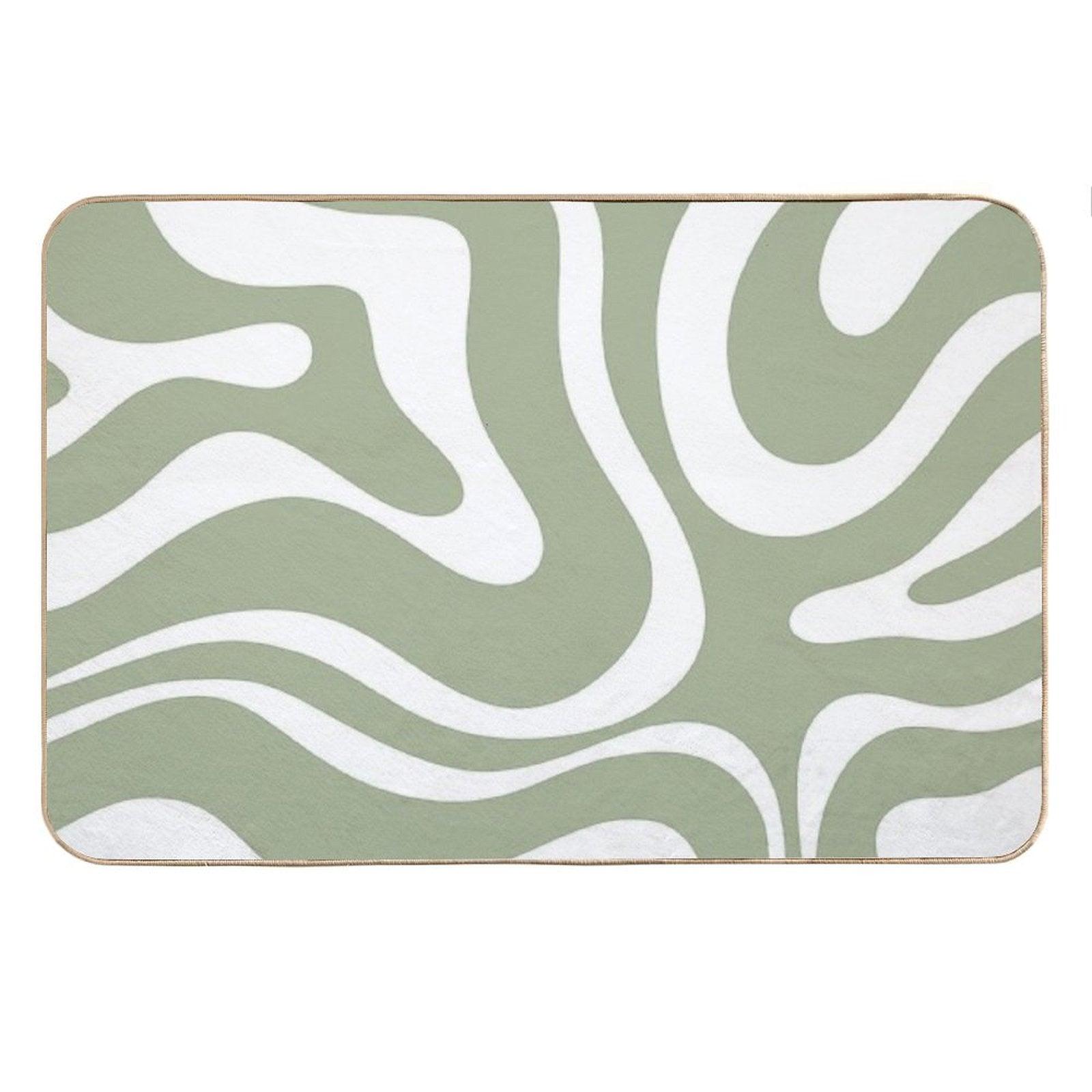 Retro Modern Liquid Swirl Abstract Pattern Square in Sage Green And White Bath Mat
