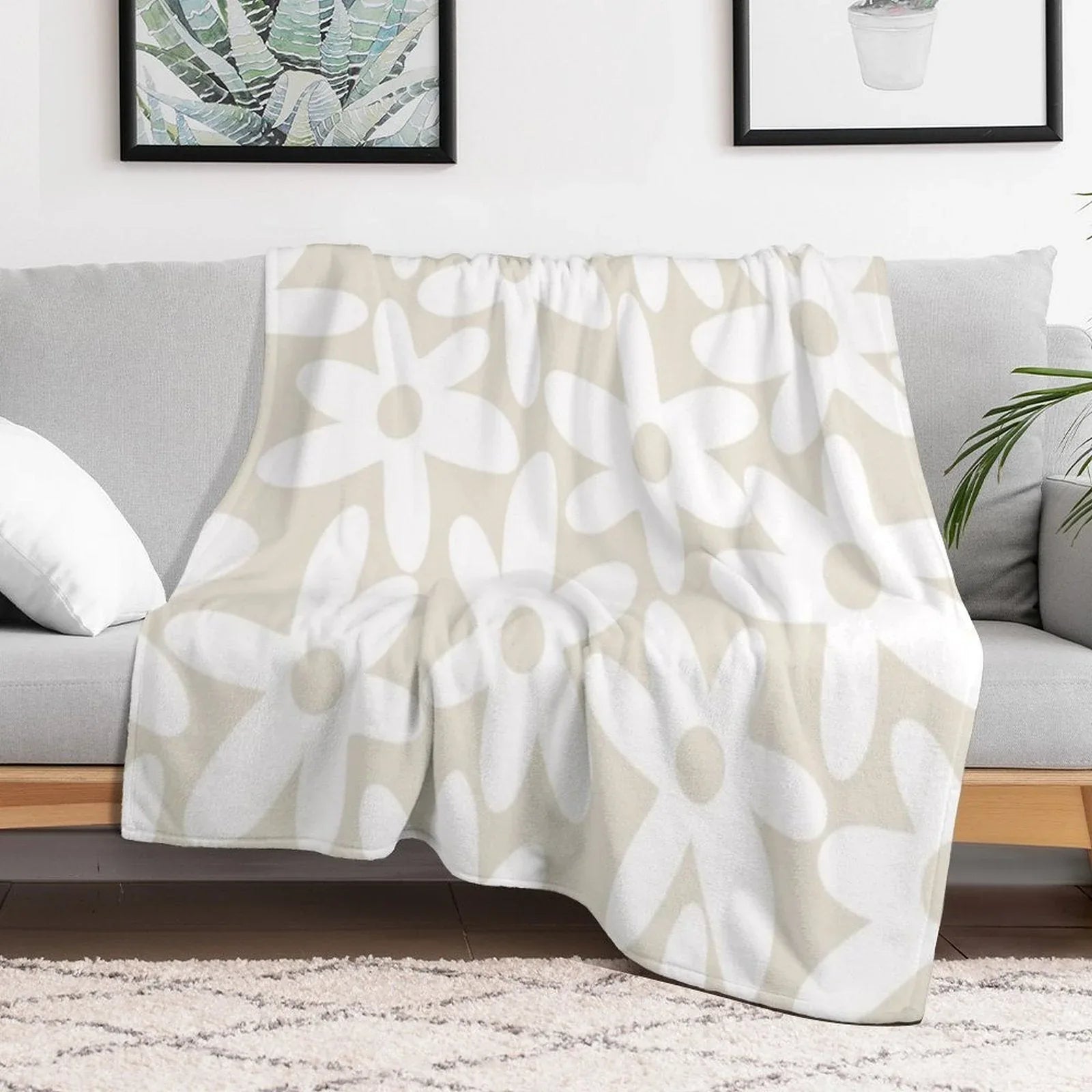 Daisy Time Floral Pattern in White And Beige Throw Blanket