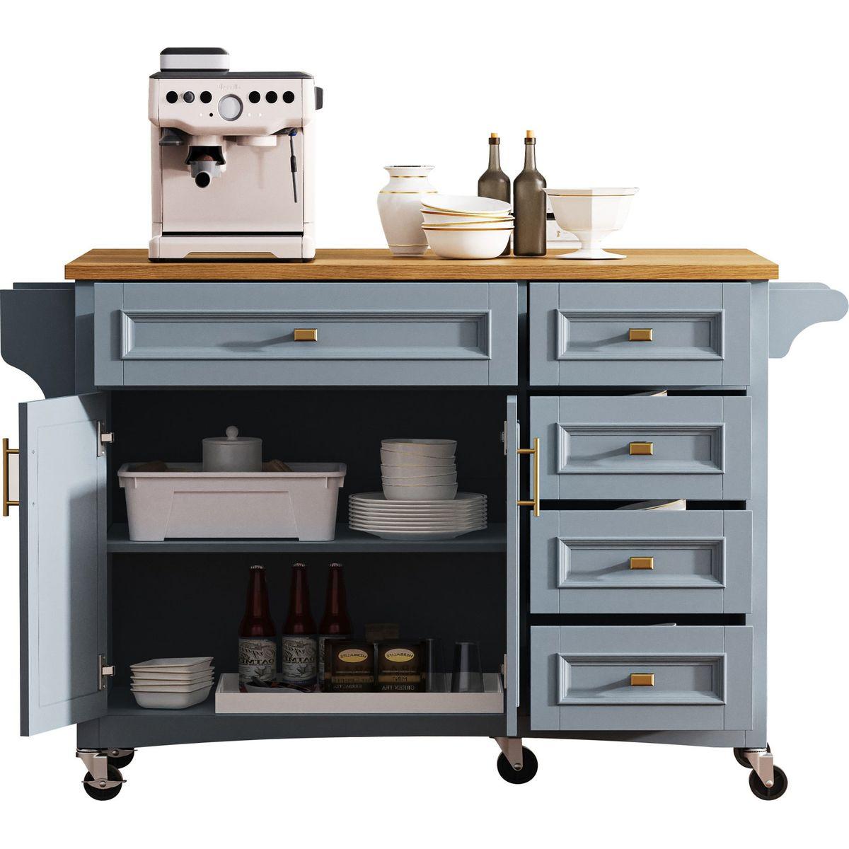 K&K 52'' Kitchen Island with Drop Leaf, Embossed Texture Kitchen Island on Wheels with Spice Rack, Towel Rack, 2 Doors and 5 Drawers, Kitchen Storage Cart with Adjustable Shelf for Kitchen, Blue Grey
