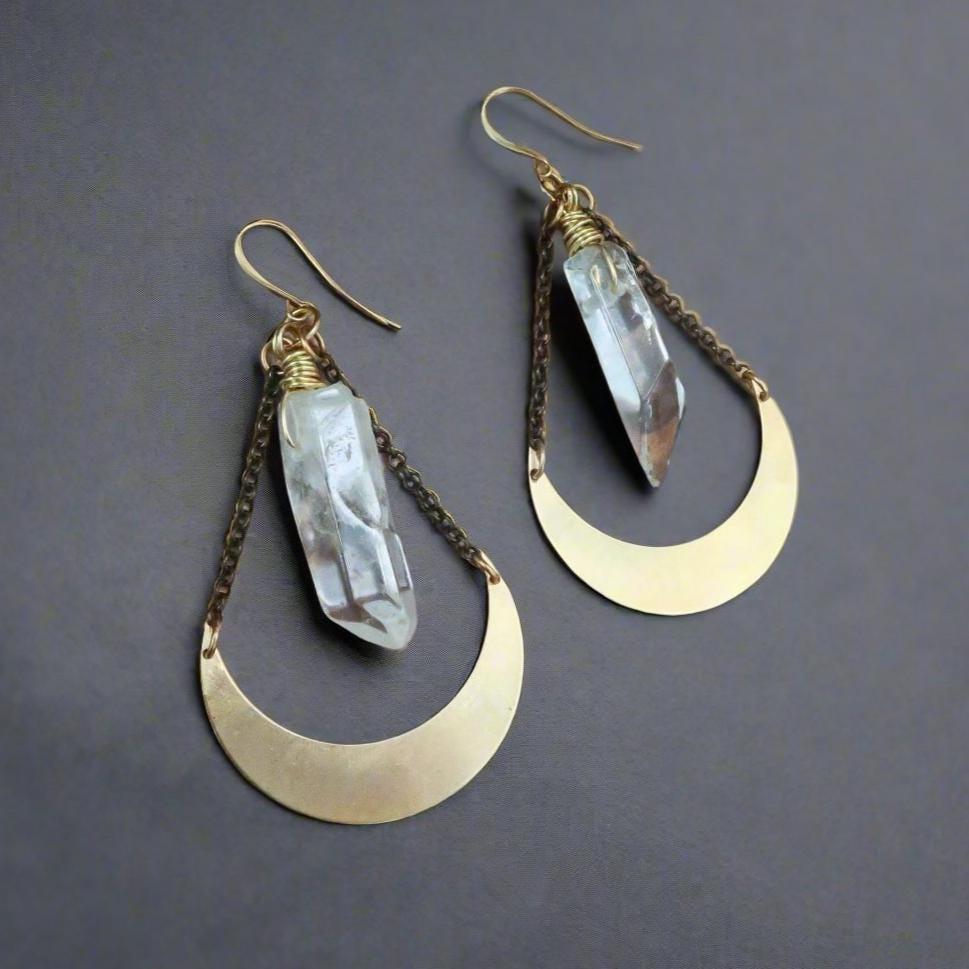 Quartz Point Earrings in Brass - Moon | Handmade by Blackbird & Sage
