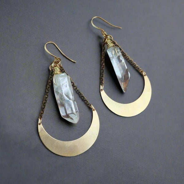 Quartz Point Earrings in Brass - Moon | Handmade by Blackbird & Sage