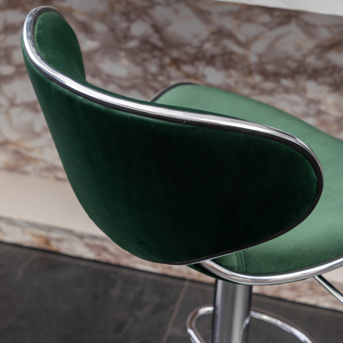 Green Velvet Adjustable Swivel Bar Stools with Chrome Base & Footrest – Set of 2