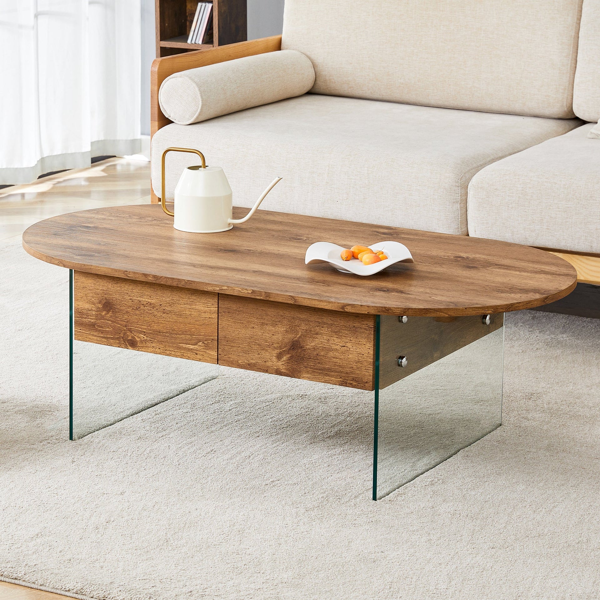 Elegant Coffee Table with Double Drawers and Transparent Glass Sides in MDF and Glass