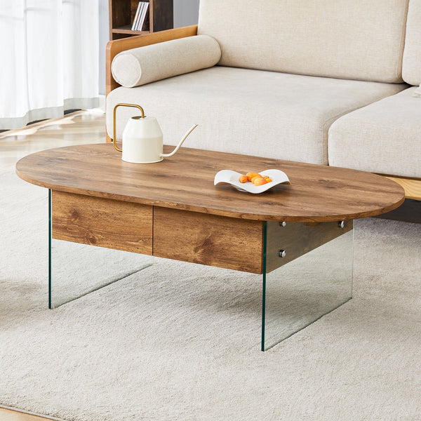 Elegant Coffee Table with Double Drawers and Transparent Glass Sides in MDF and Glass