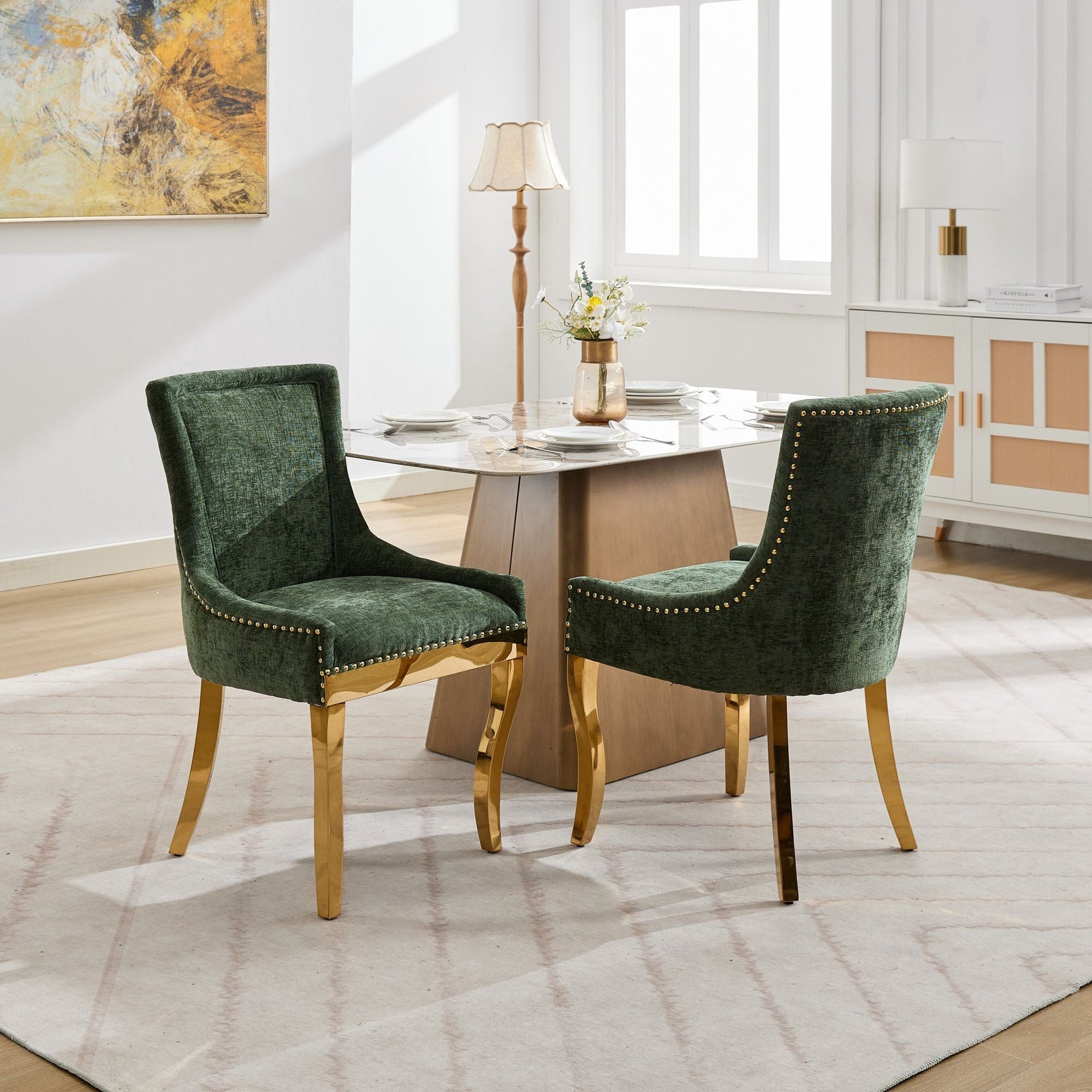Chenille Dining Chairs Modern Style with Curved Gold-Plated Legs & Rivet Trim