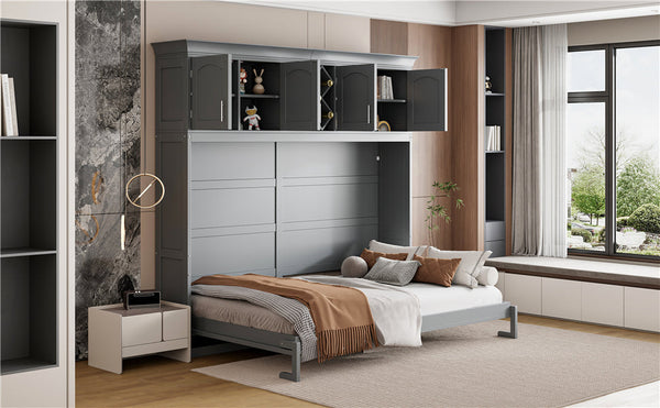 Queen Size Murphy Bed Wall Bed with Top Cabinets & Wine Rack ,Gray(OLD SKU:LP000879AAE)
