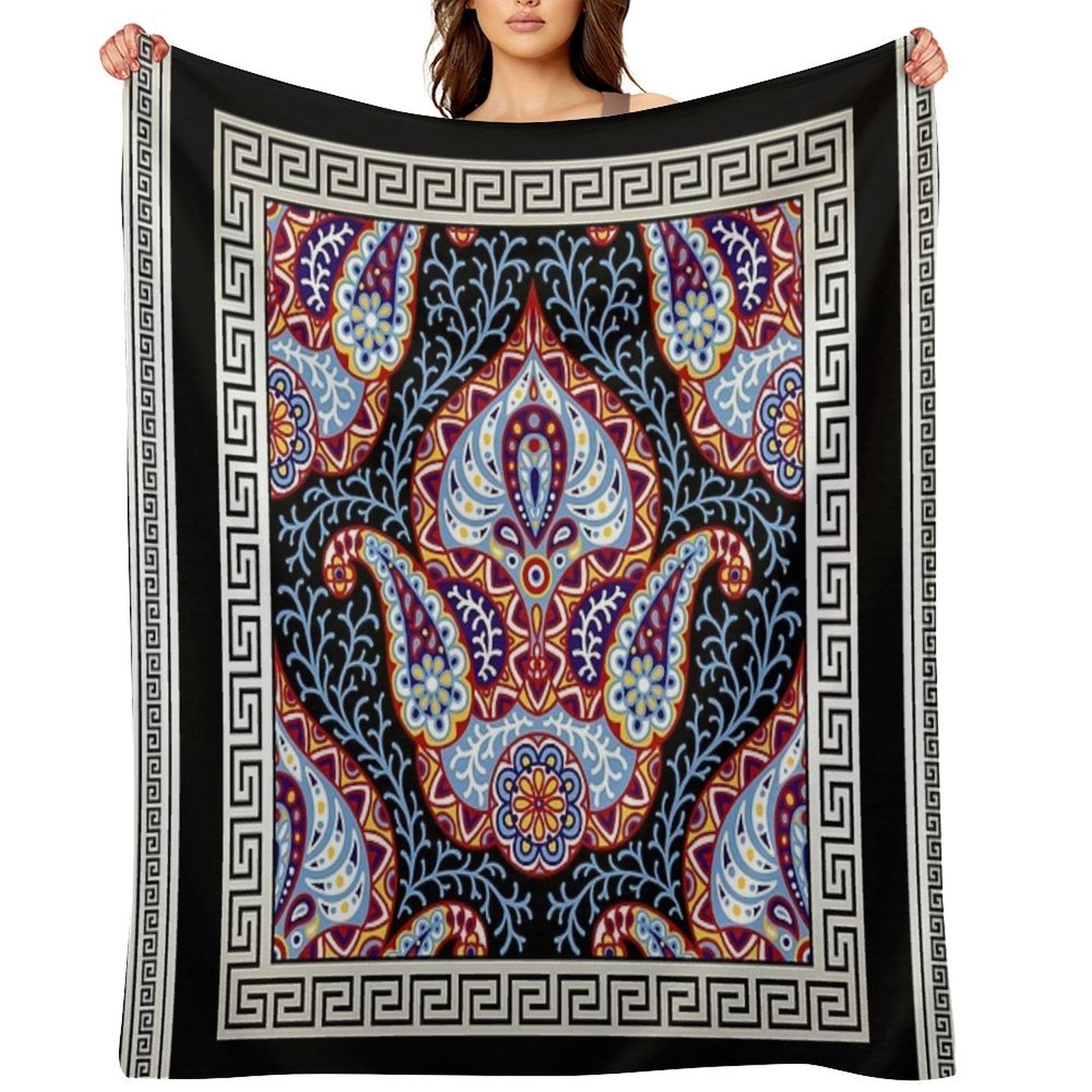 Greek Key Cream White Black Intricate Floral Gift-ready Throw Blanket