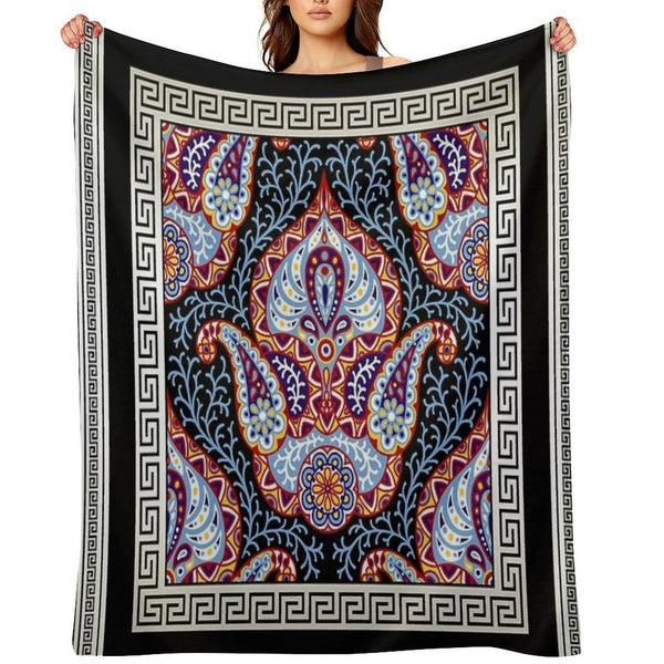 Greek Key Cream White Black Intricate Floral Gift-ready Throw Blanket