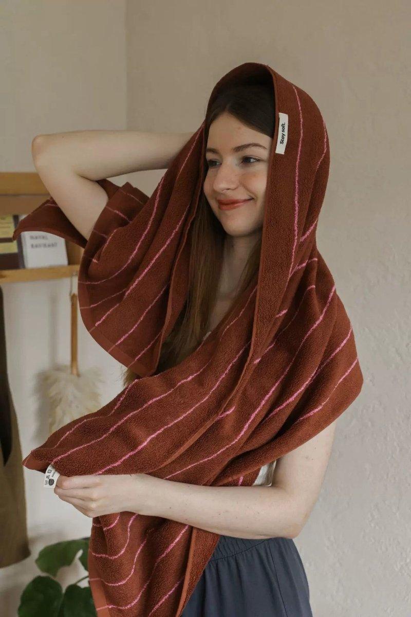 Modern Earthy Tone Pinstripe Bath Towel — 100% Long-Staple Cotton, Soft, Plush & Absorbent