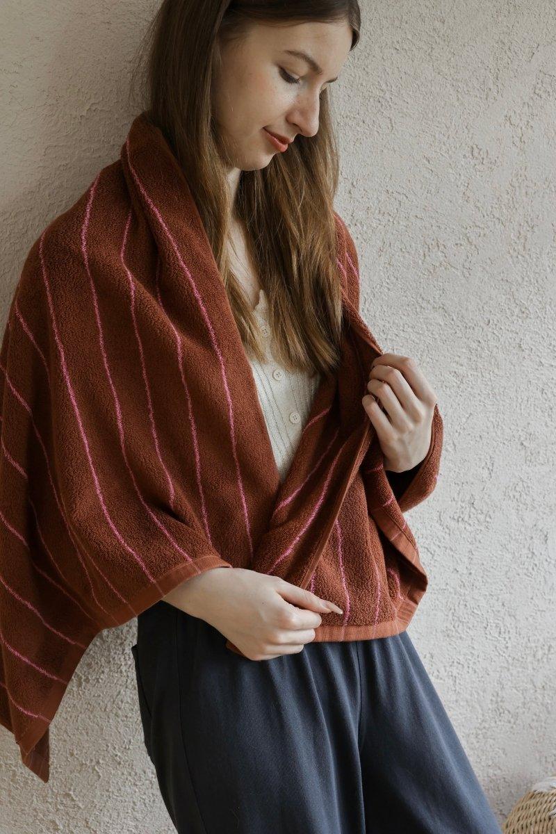 Modern Earthy Tone Pinstripe Bath Towel — 100% Long-Staple Cotton, Soft, Plush & Absorbent