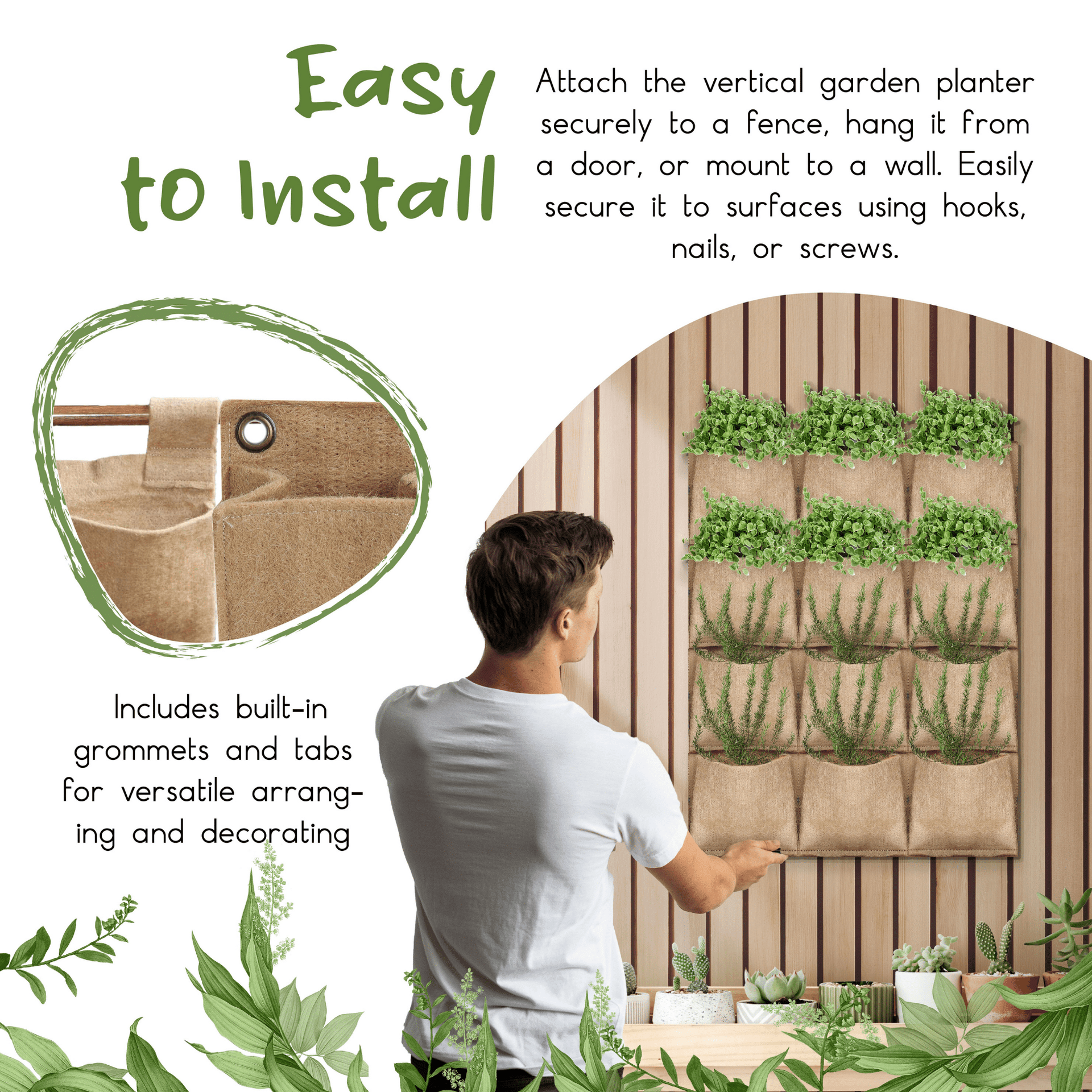 Jute Gardens 4-Pocket Vertical Living Wall Planter – Indoor/Outdoor Eco-Friendly Hanging Garden for Herbs, Flowers & Vegetables