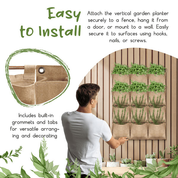 Jute Gardens 6-Pocket Vertical Living Wall Planter – Indoor/Outdoor Eco-Friendly Hanging Garden for Herbs, Flowers & Vegetables