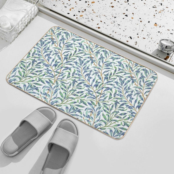 Willow Bough by William Morris - Seamless-  Blue And Green Leaves on Off White Background Bath Mat