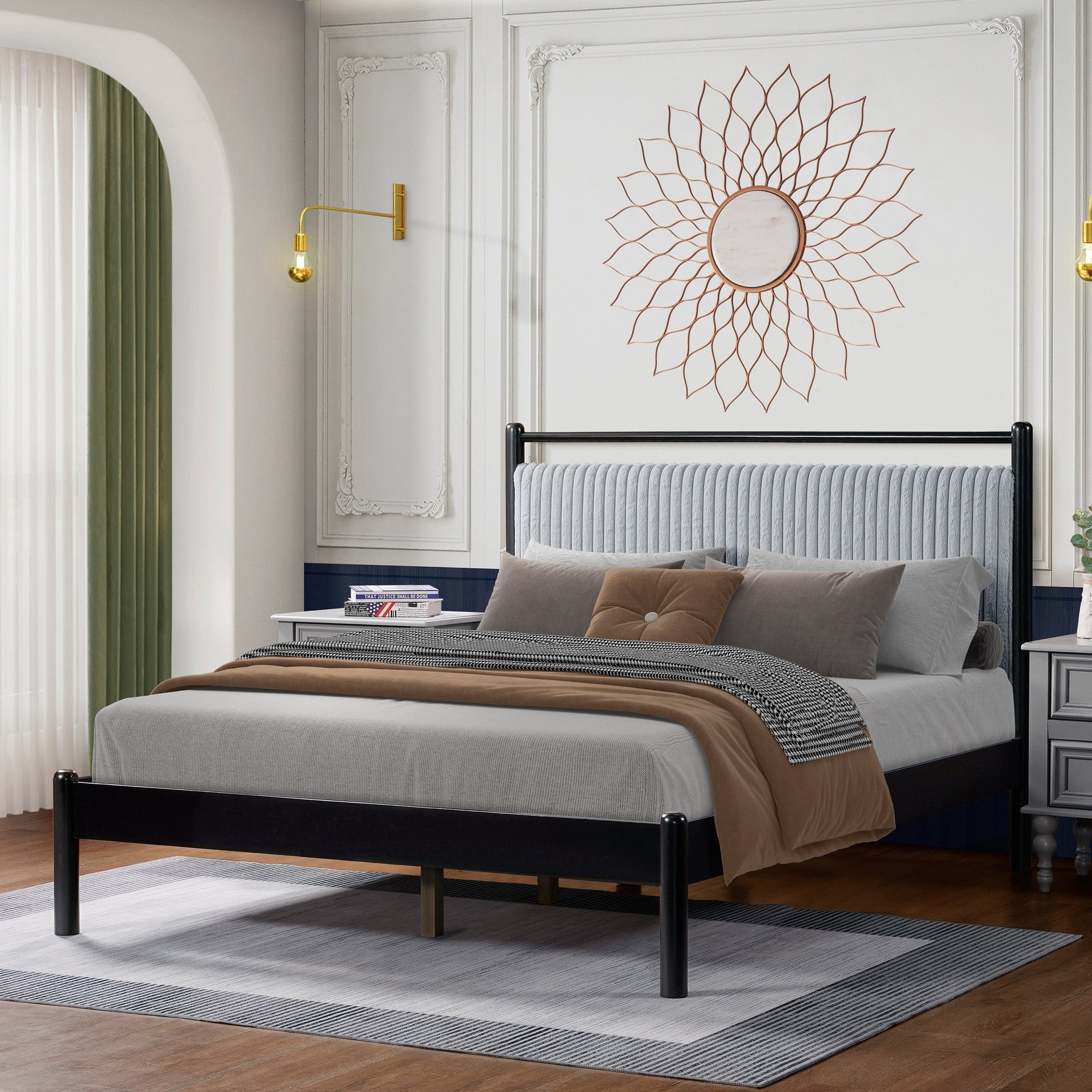 Queen Wood Bed Frame with Fluffy Soft Headboard