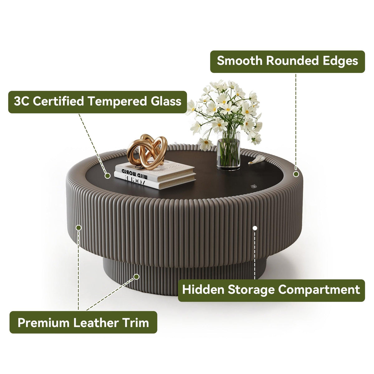Modern Round Coffee Table with Tempered Glass, Storage – Fluted Leather Design