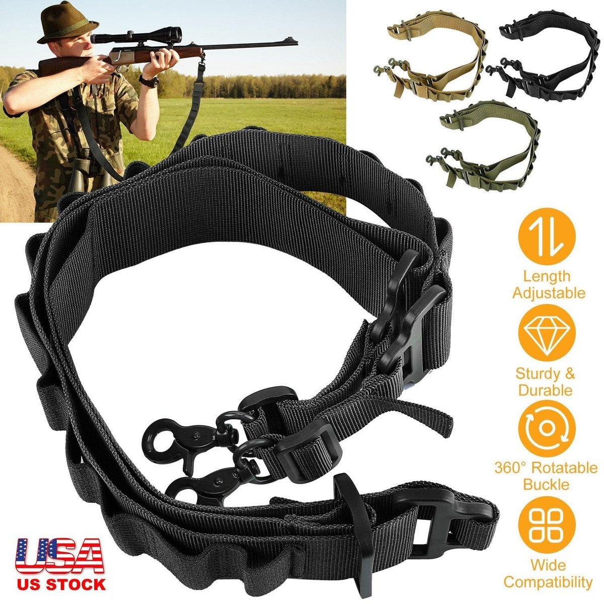 Tactical Shotgun Sling 2 Point Gun Sling Adjustable Shoulder Strap Rifle Shotgun Belts w/ 15-Shell Holders