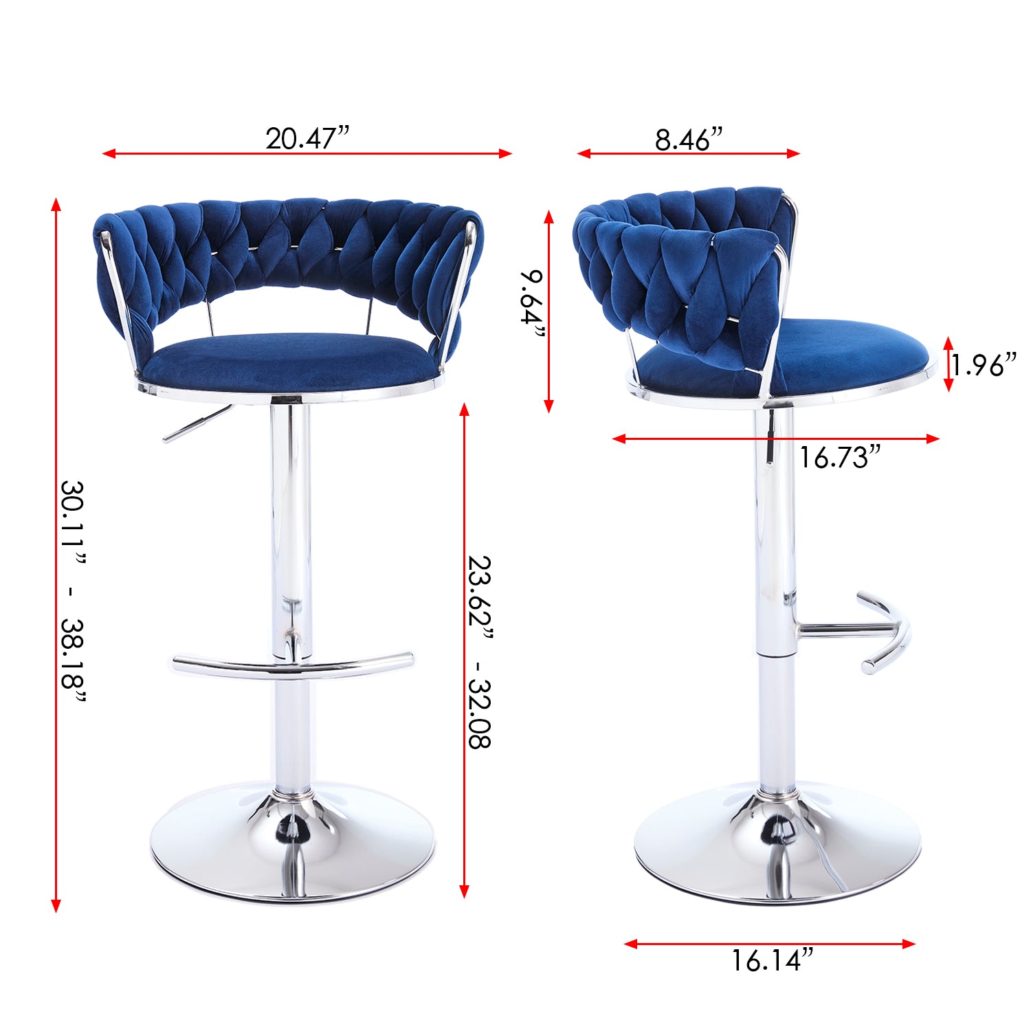 Set of 2 Bar Stools with Chrome Footrest & Base Swivel Height Adjustable Velvet