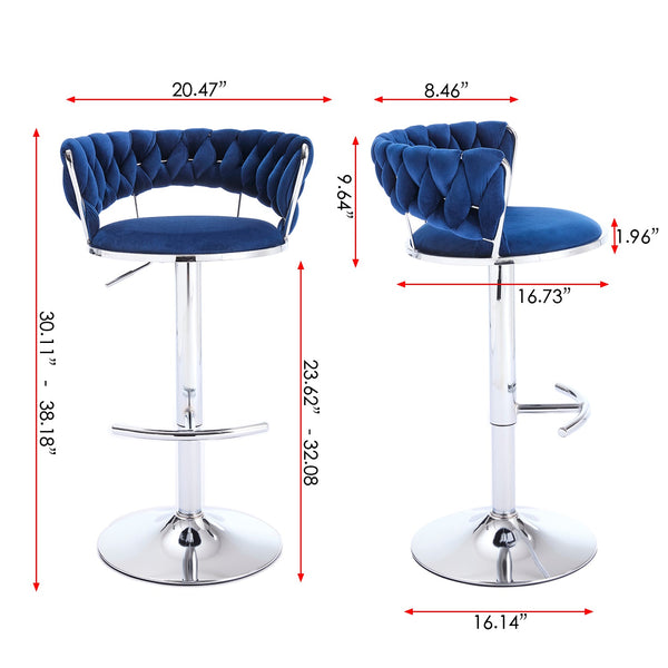 Set of 2 Bar Stools with Chrome Footrest & Base Swivel Height Adjustable Velvet