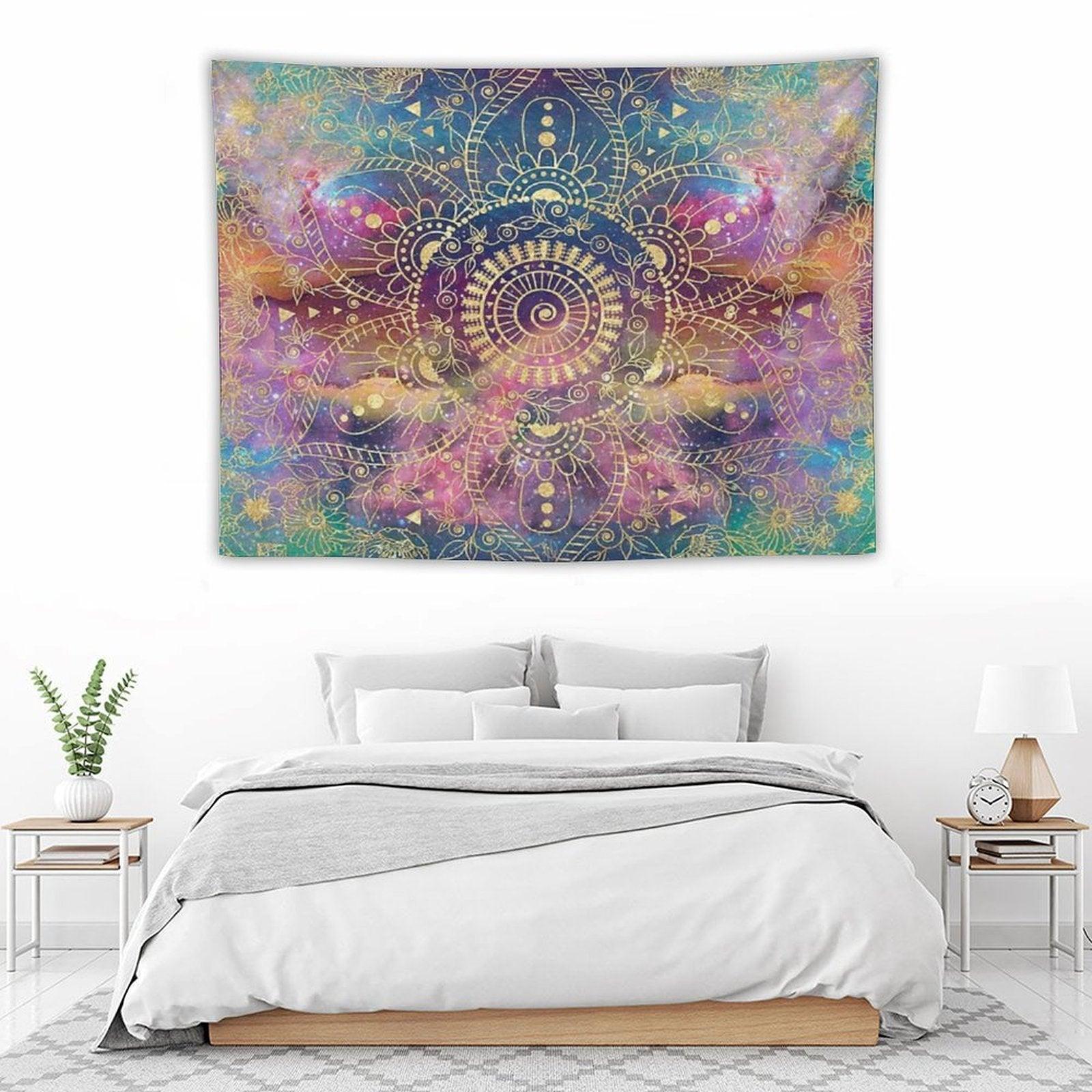 Gold Mandala Watercolor Colorful Nebula Tapestry
