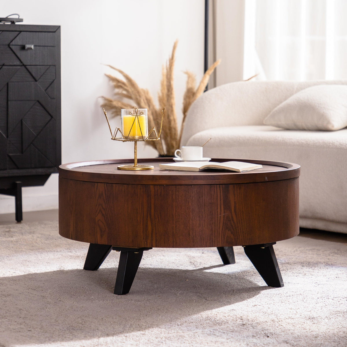 Mid-Century Modern Flip-Top Round Walnut Coffee Table with Hidden Storage