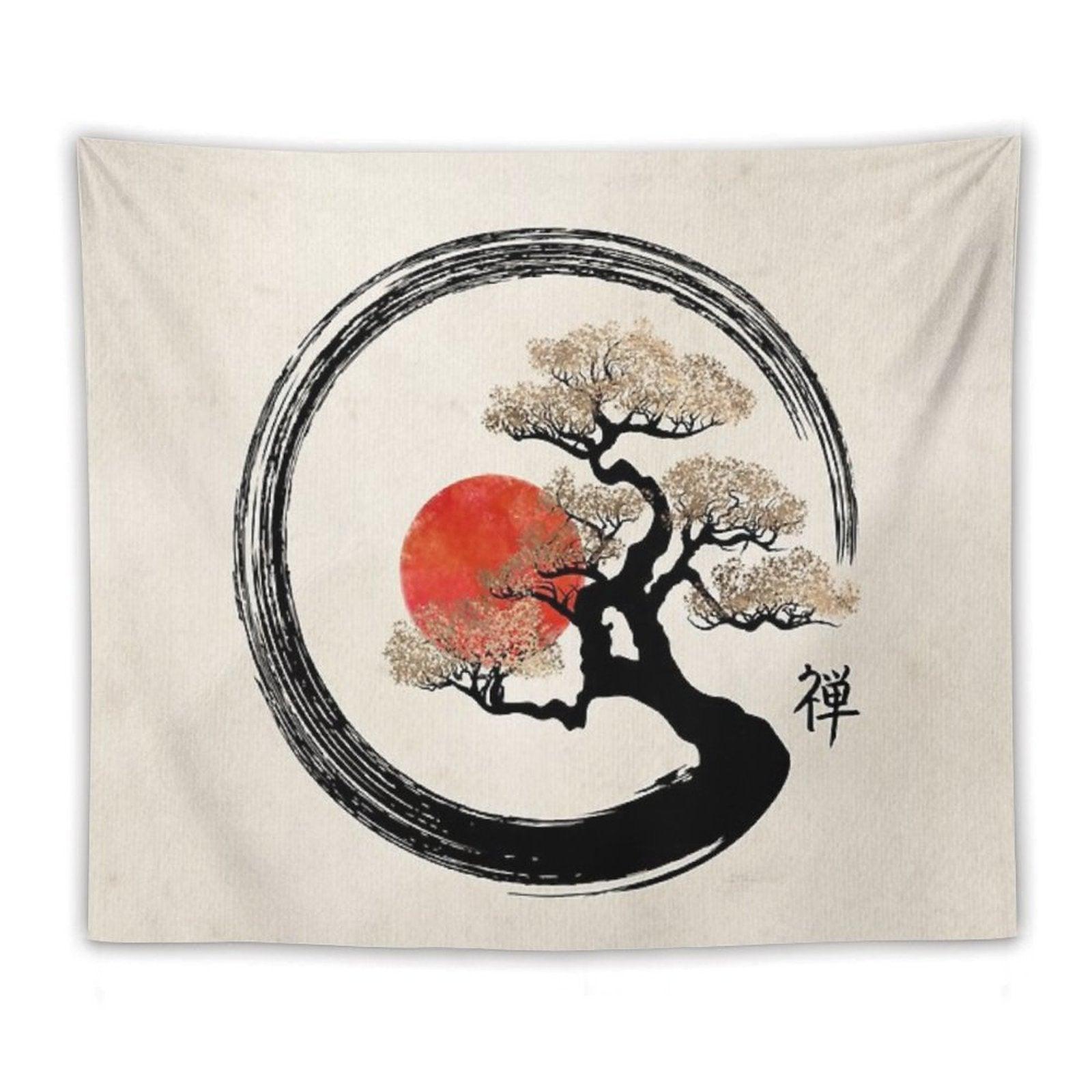 Enso Circle And Bonsai Tree on Canvas Tapestry