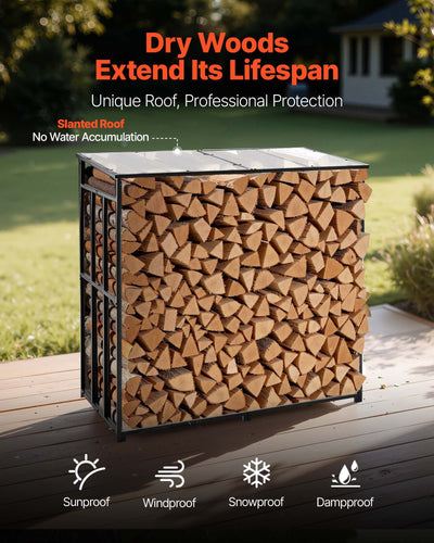 Firewood Rack With Sloped Roof, 4 Ft Outdoor Firewood Holder, 1/4 Cord Log Storage Shed, 660lb Max Weight Capacity, Powder-Coated Metal Wood Storage Rack For Fireplace Deck Backyard Garden