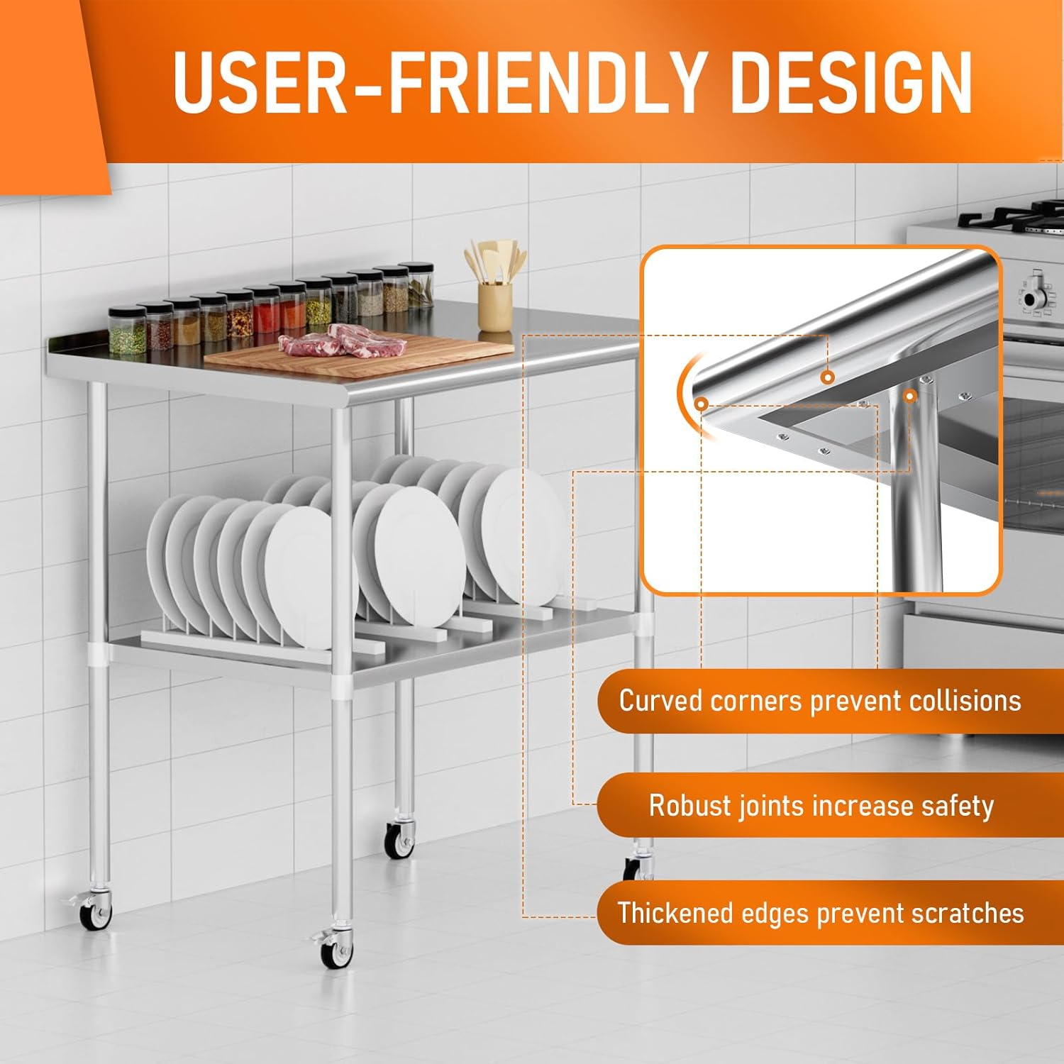 Stainless Steel Table 30 x 36 Inches Metal Prep Table with Adjustable Undershelf Wheels Stainless Table for Commercial Kitchen, Outdoor, Restaurant, Hotel & Garage