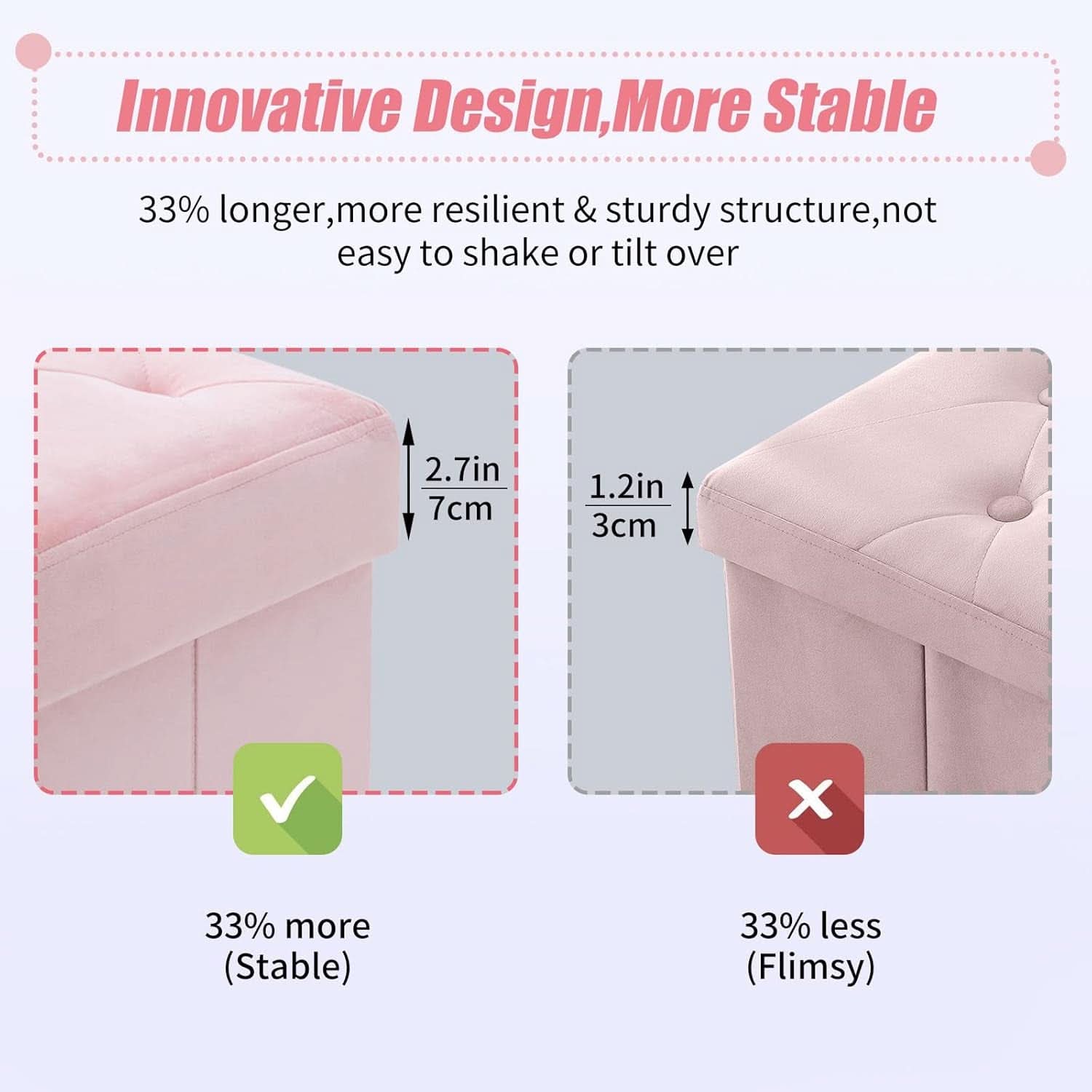 Pink 43 Inch Velvet Lux Foldable Storage Ottoman Bench